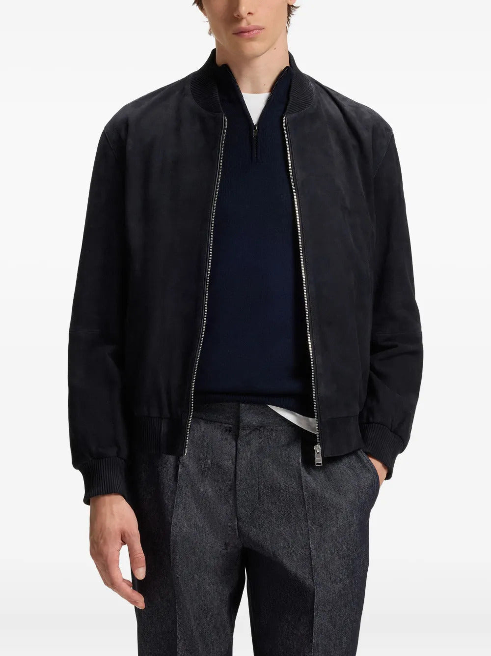 BOSS  ribbed-collar suede bomber jacket