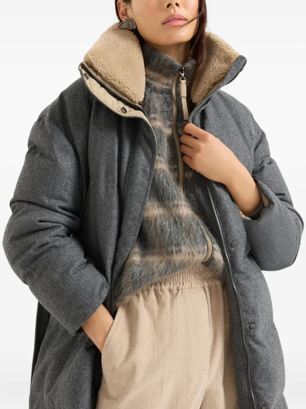 Brunello Cucinelli flannel shearling-collar down jacket