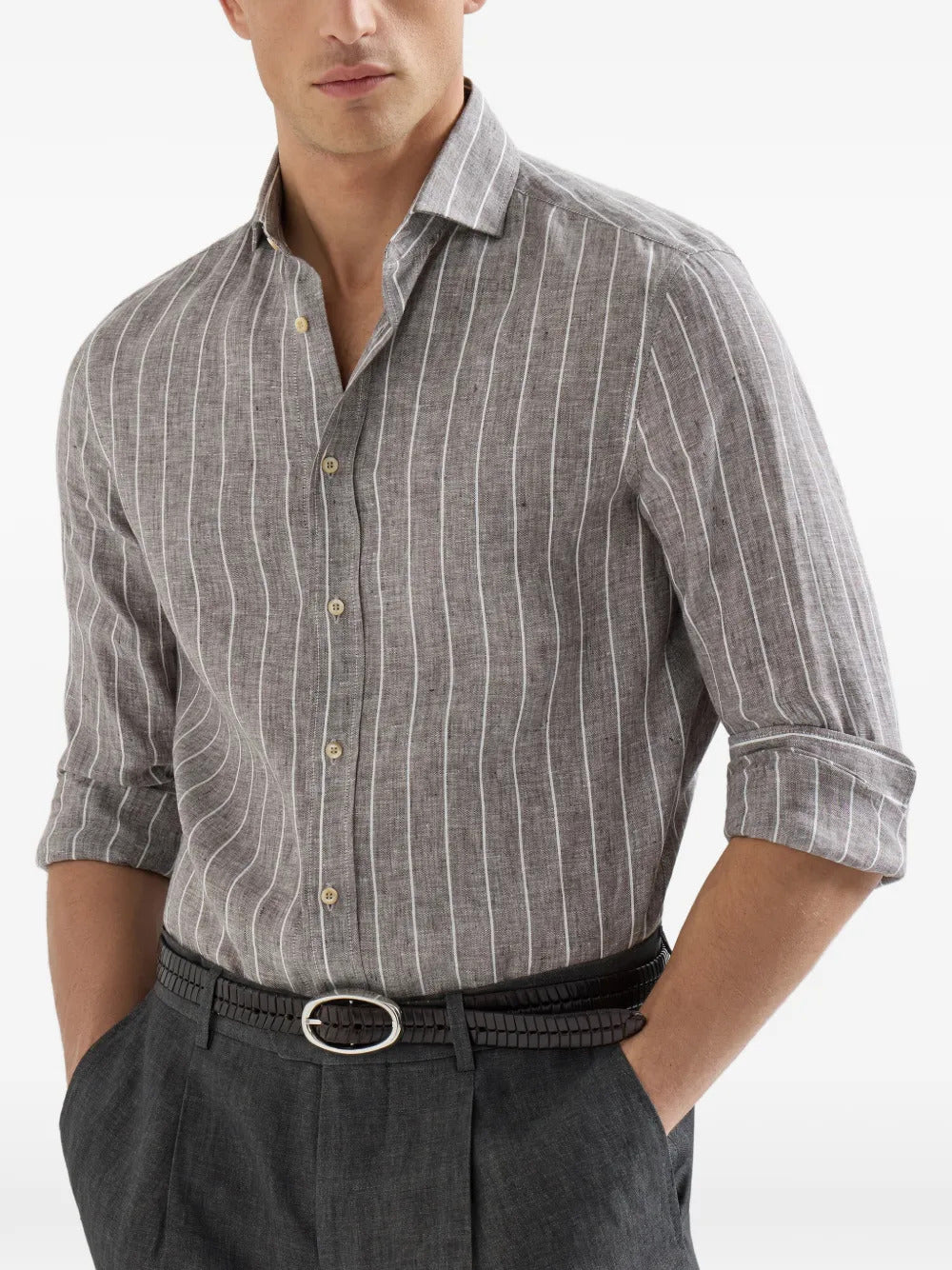 Brunello Cucinelli chalk stripe pointed-collar shirt