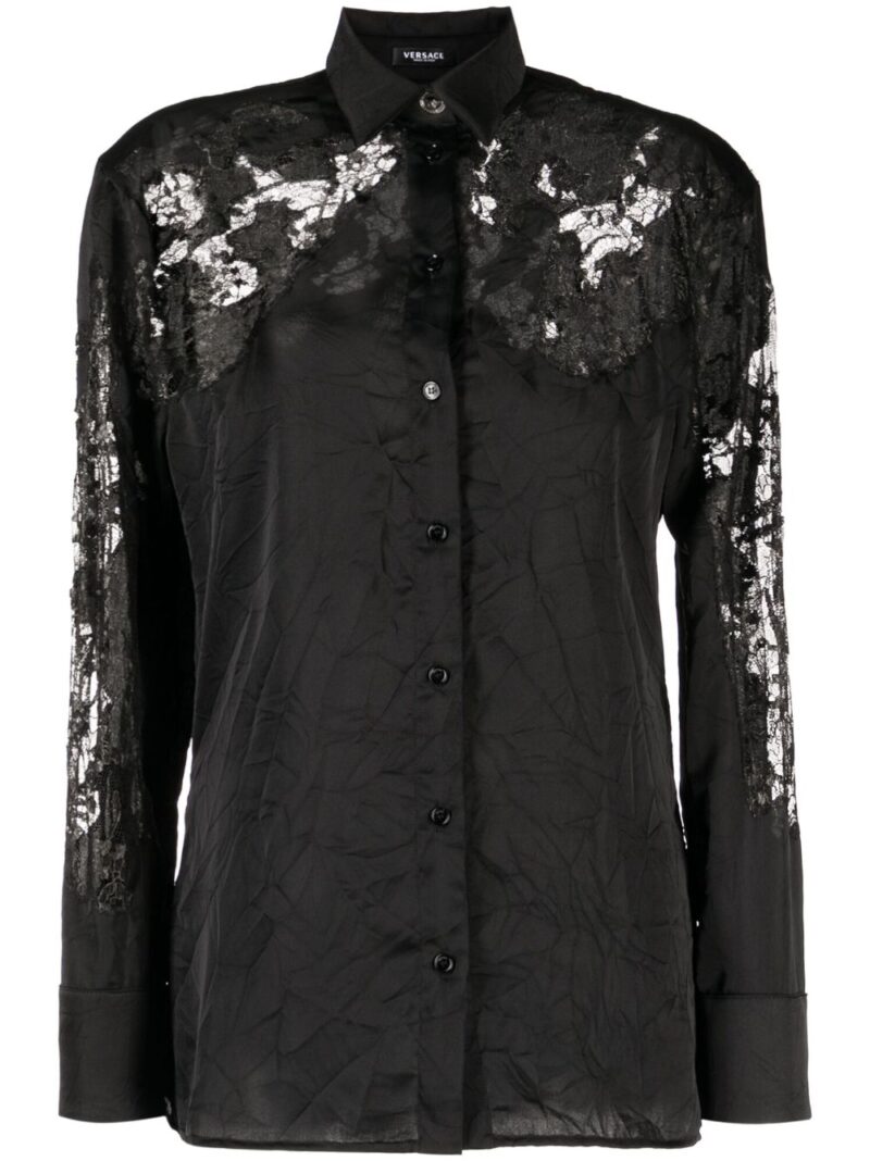 Versace  sheer-lace crinkled satin shirt