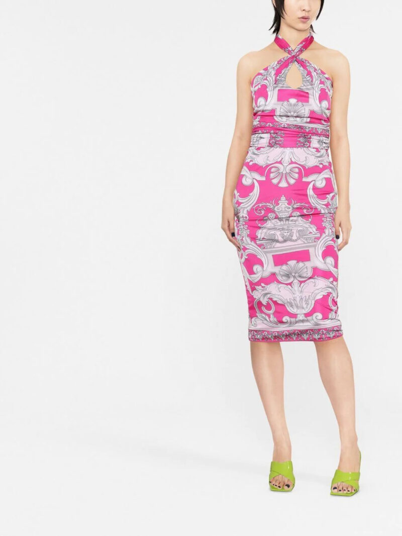 Versace  Silver Baroque-print halterneck midi dress