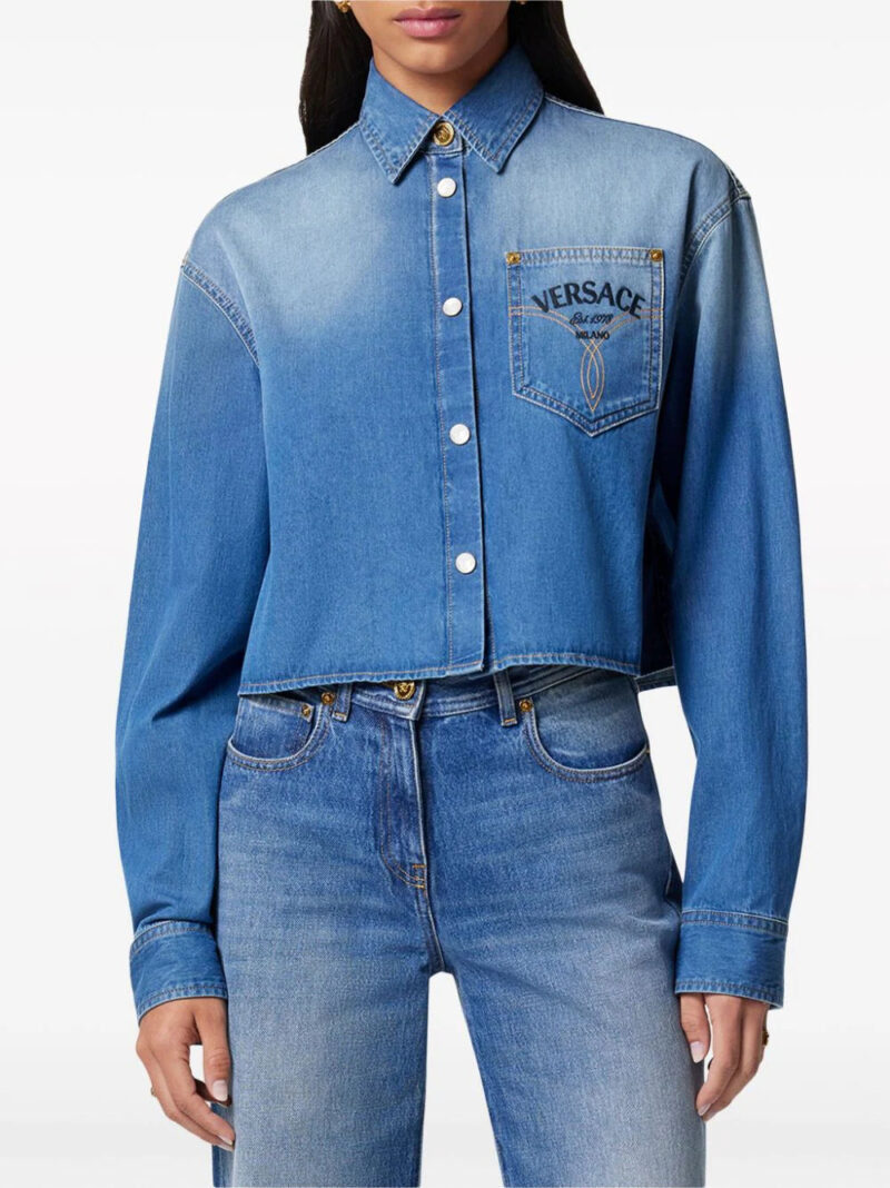Versace logo-embroidered cropped denim shirt