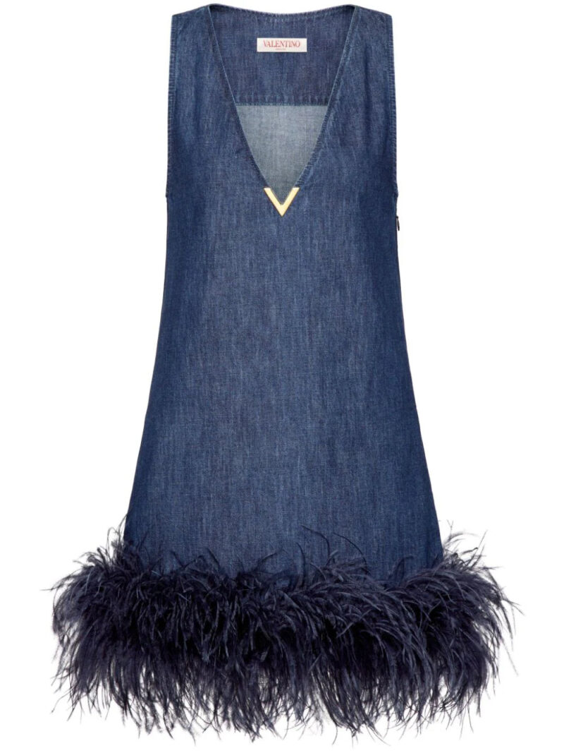 Valentino Garavani  feather-trim denim dress