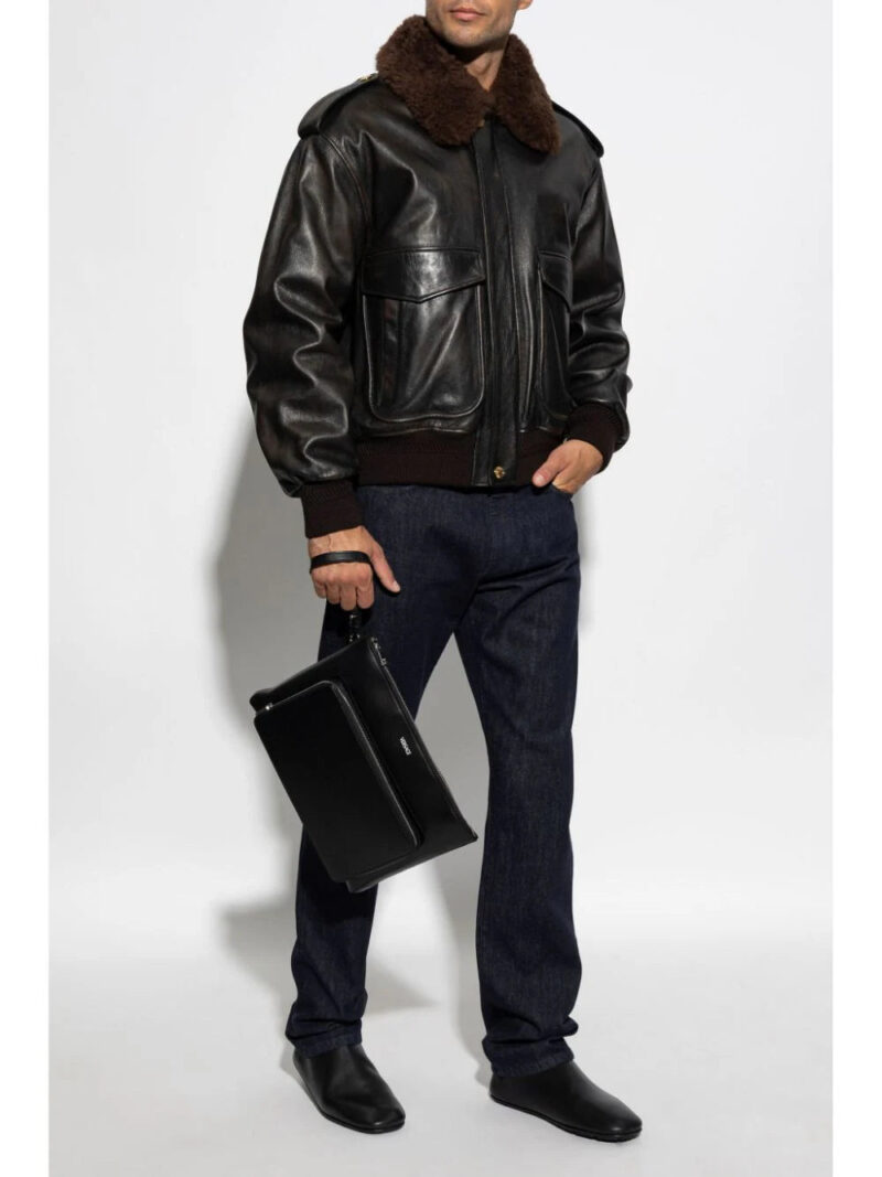 Versace  logo-debossed leather jacket