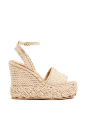 Valentino Garavani  Vlogo Torchon Wedge sandal in linen canvas 130mm