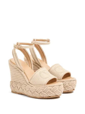 Valentino Garavani  Vlogo Torchon Wedge sandal in linen canvas 130mm