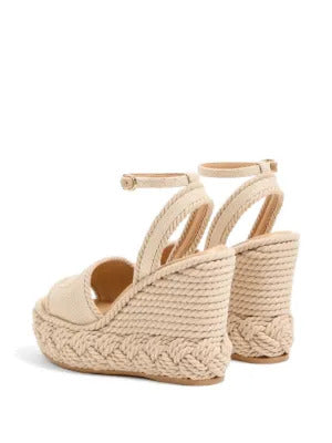 Valentino Garavani  Vlogo Torchon Wedge sandal in linen canvas 130mm