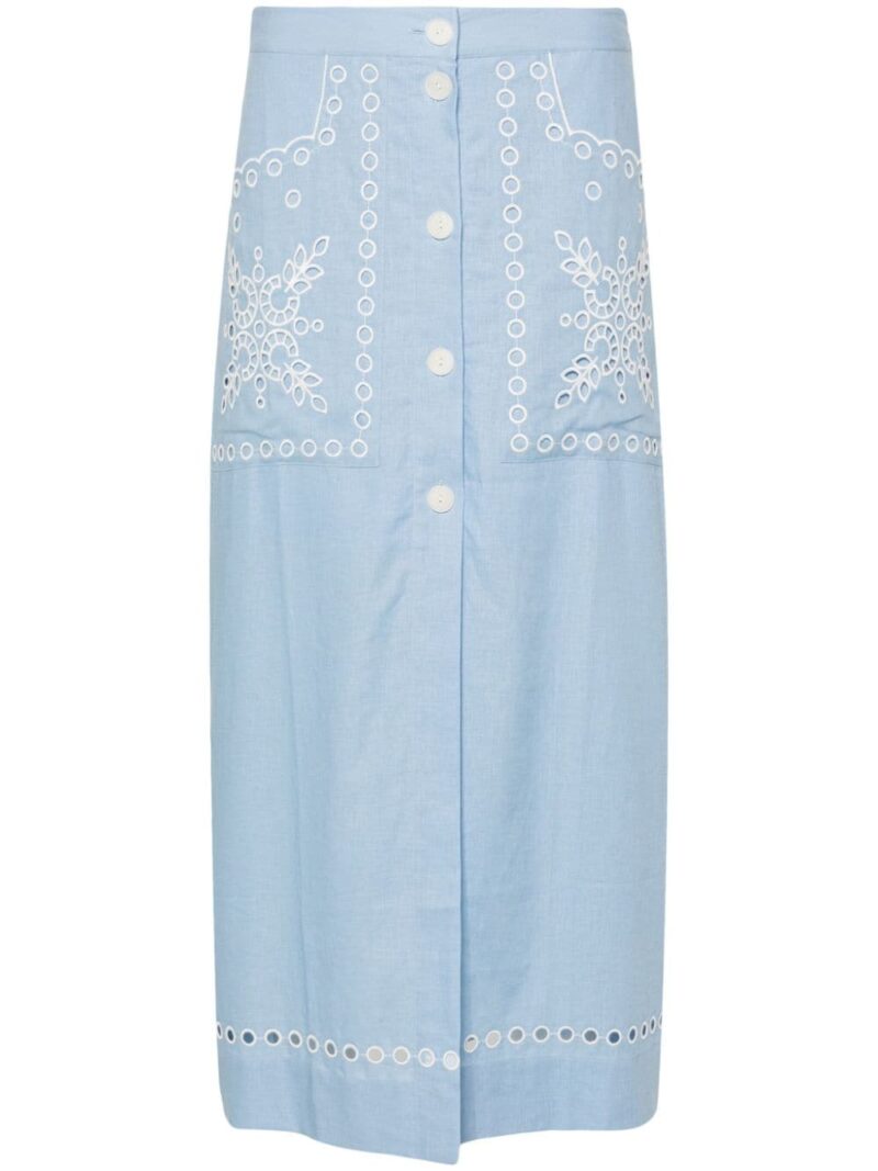 SANDRO  broderie-anglaise chambray midi skirt