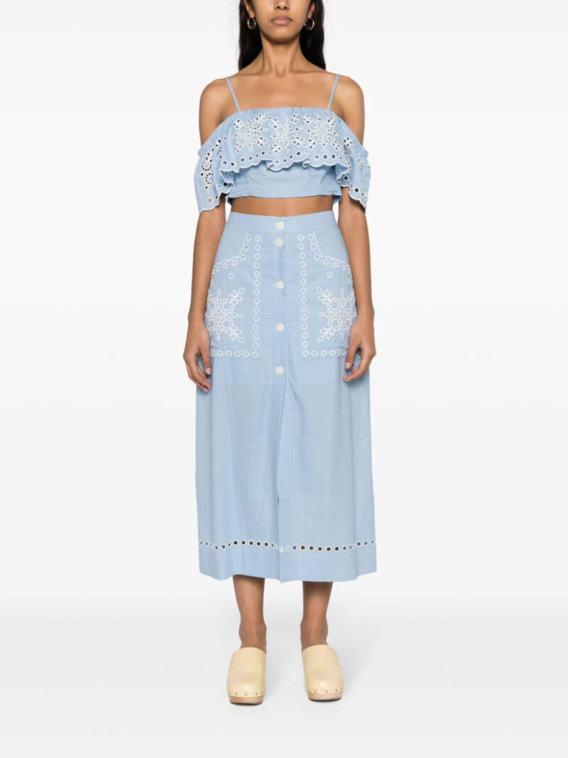 SANDRO  broderie-anglaise chambray midi skirt
