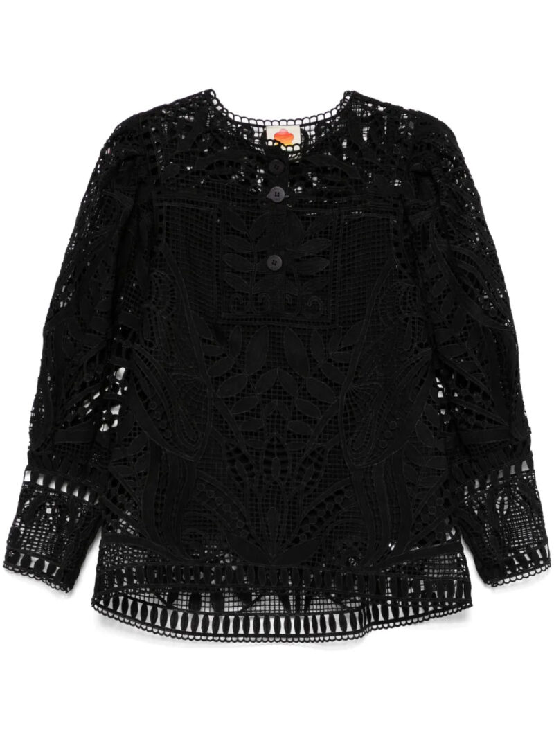 FARM Rio  guipure-lace puff-sleeve blouse
