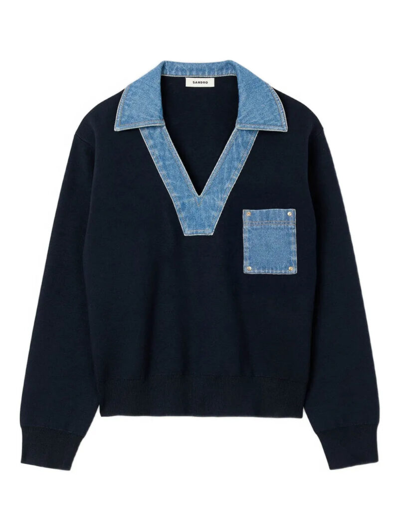 SANDRO  denim-trimmed V-neck sweatshirt