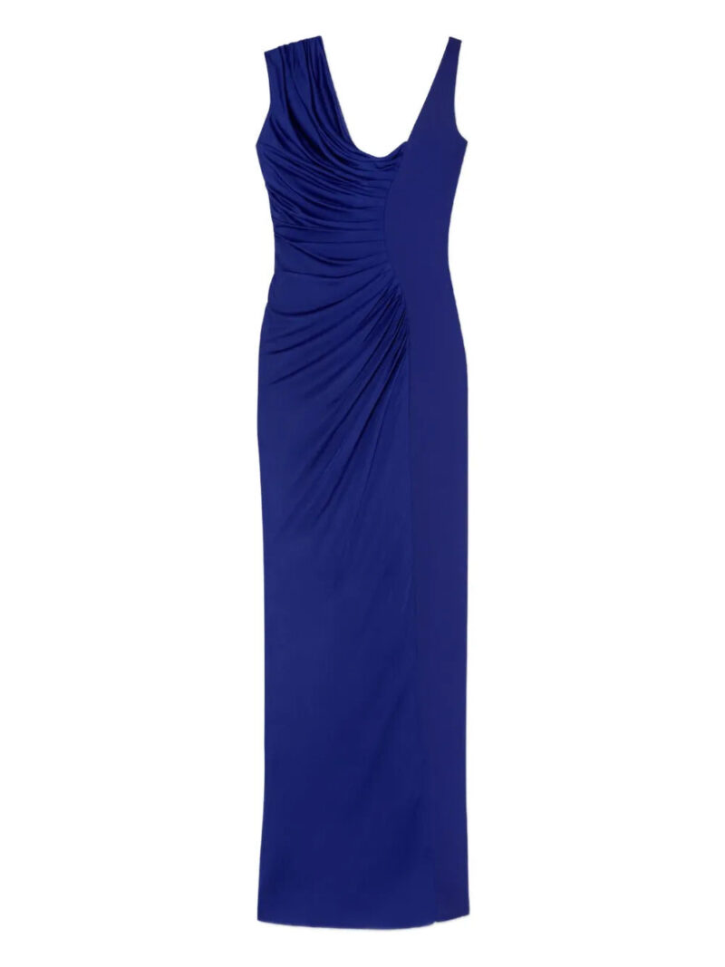 Versace  inverted satin crepe draped gown midi dress