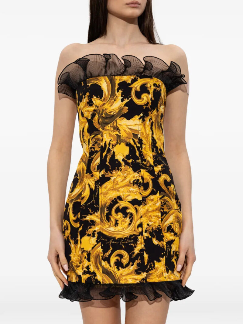 Versace Jeans Couture off-shoulder ruffled-details baroque-print mini dress