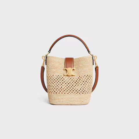CELINE SMALL LOUISE BUCKET IN RAFFIA AND CALFSKIN