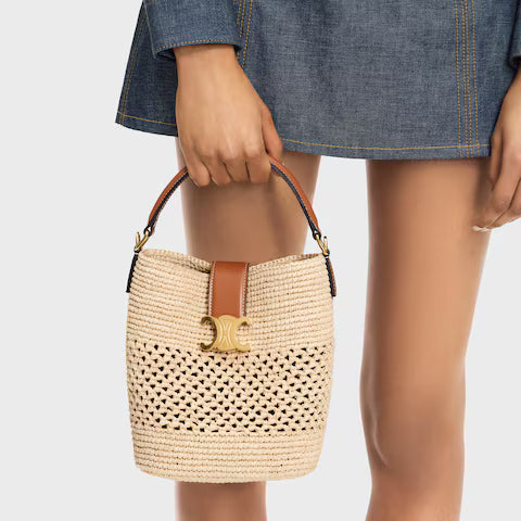 CELINE SMALL LOUISE BUCKET IN RAFFIA AND CALFSKIN