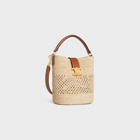 CELINE SMALL LOUISE BUCKET IN RAFFIA AND CALFSKIN
