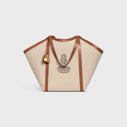 CELINE LARGE CABAS IN TEXTILE WITH ANCHOR EMBROIDERY AND CALFSKIN