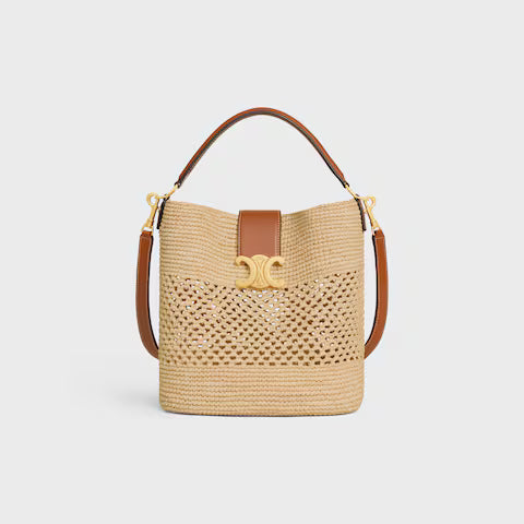 CELINE   MEDIUM LOUISE BUCKET IN RAFFIA AND CALFSKIN