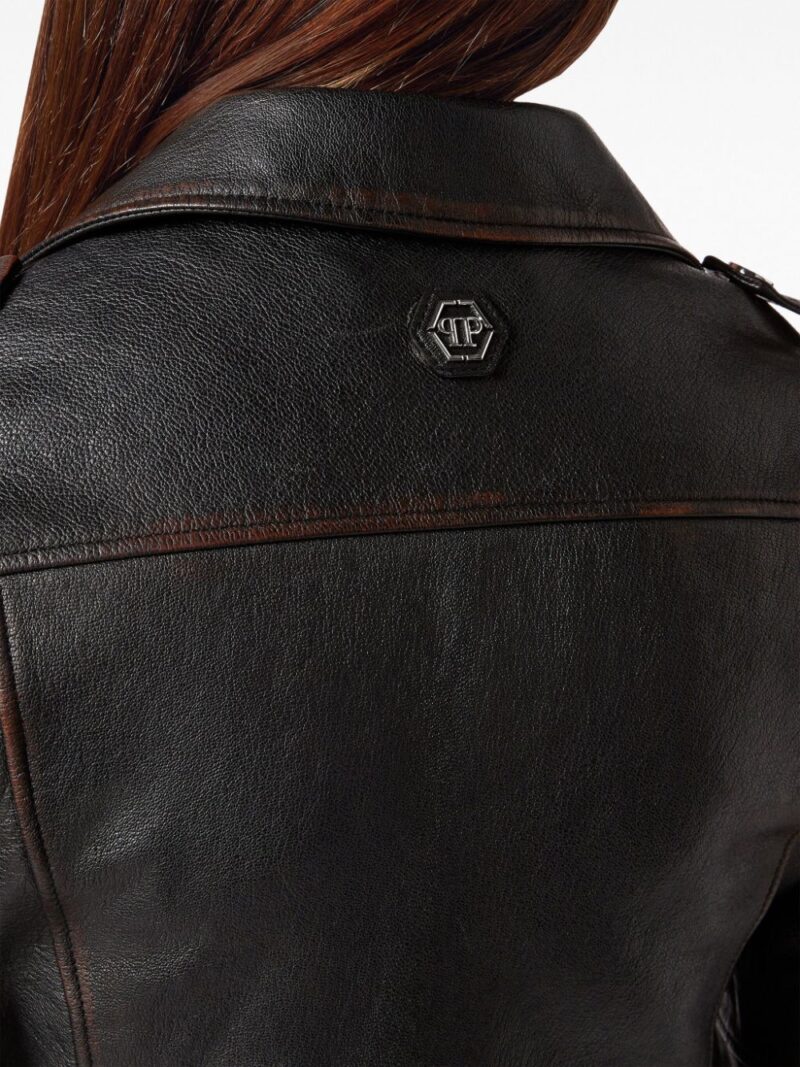 Philipp Plein logo-patch leather biker jacket
