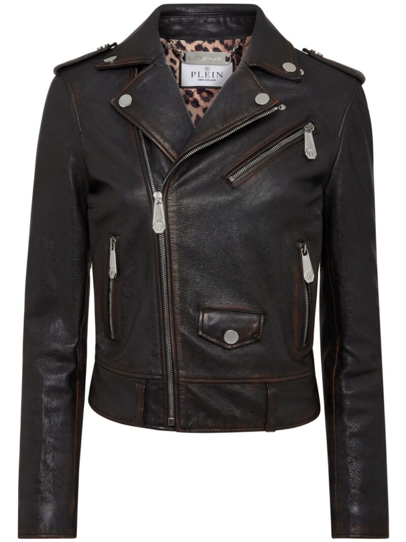 Philipp Plein logo-patch leather biker jacket
