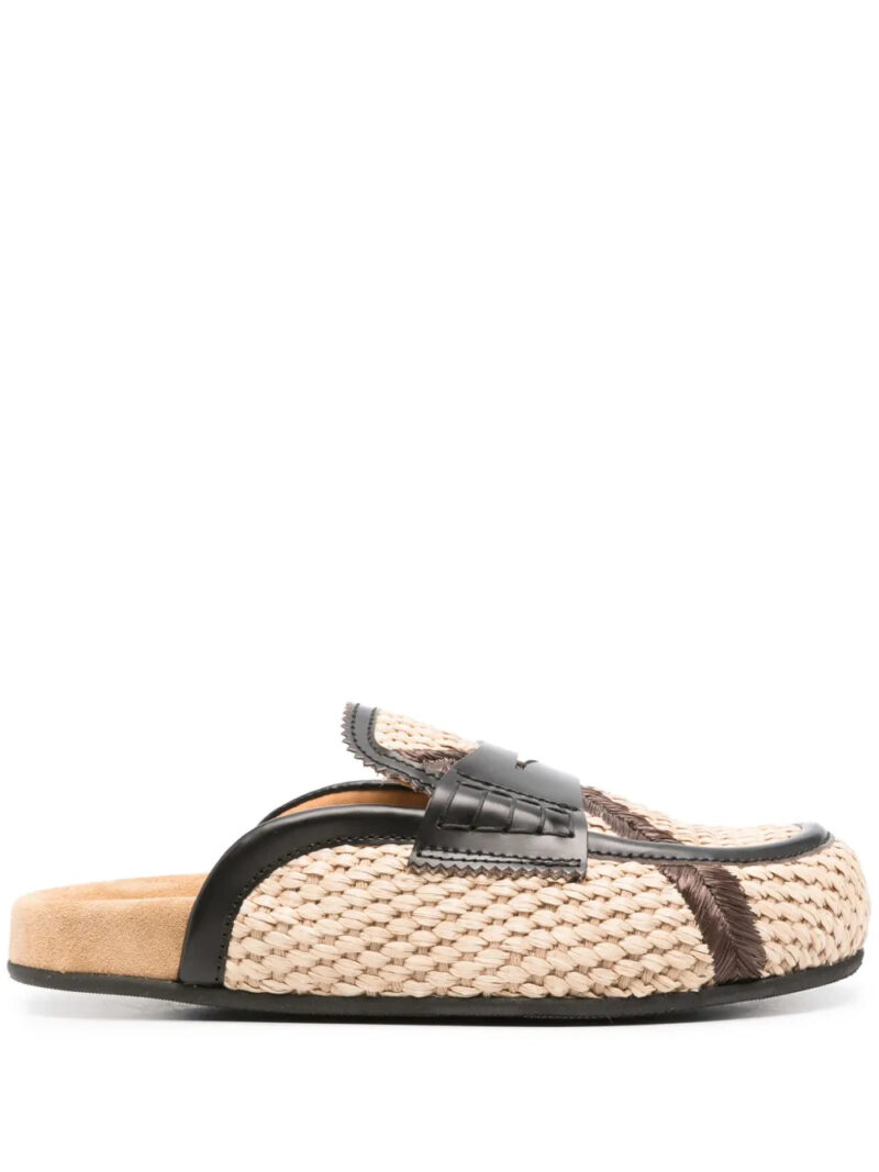 college  leather-trim raffia mules