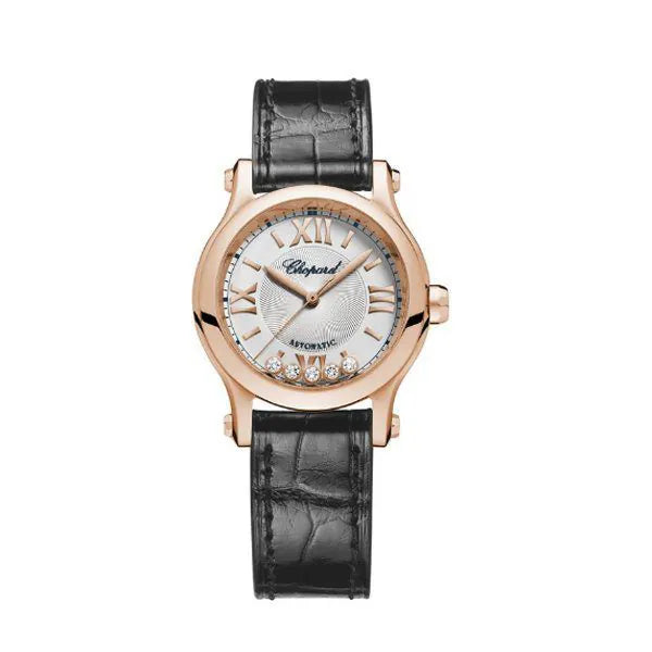 Chopard Happy Sport Round Watch 30Mm Rose Gold Case Silver Dial Black Strap