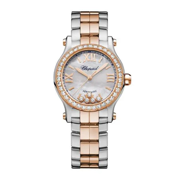 Chopard Happy Sport 278573-6021 Mother Of Pearl Roman 30Mm Round 5 Diamonds 18K Rose Gold & Stainless Steel Ladies Watch