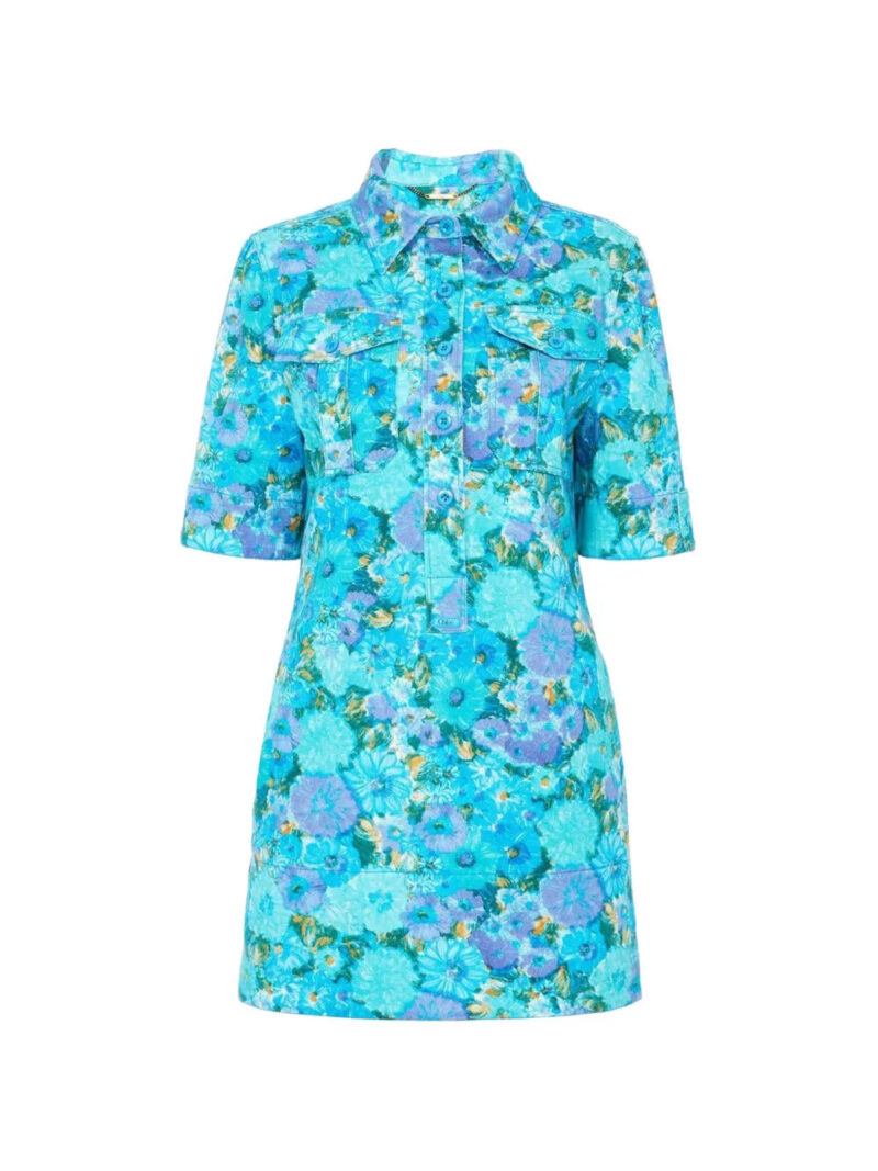 Chloé  floral-patch polo-collar mini cotton dress