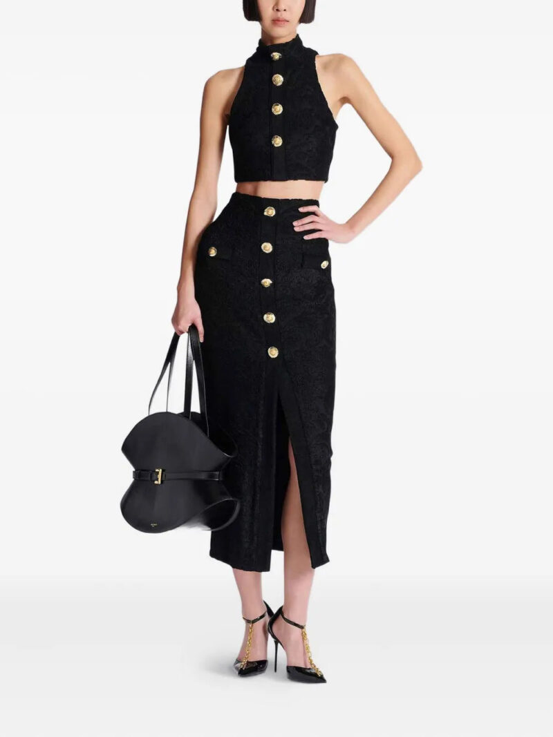 Balmain  button-embellished damask skirt